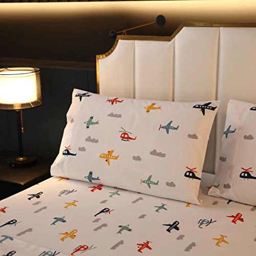 Fbvuw Airplane Bed Sheet Set For Kids Boys, Queen Sheets Kids Microfiber Cartoon Fitted Sheet, Breathable & Silky Soft Feeling Jet Aircraft Sheet Set 4 Pcs Airplane Sheets For Kids (Queen) #TOP1