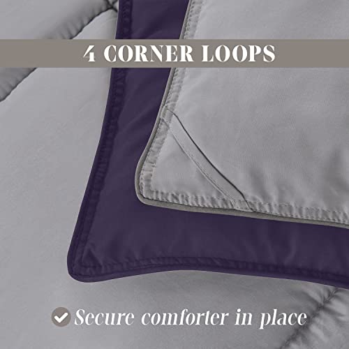 Image of Elegant Comfort 3-Piece Reversible Comforter Set, All Season Cozy, Soft Down Alternative, Quilted - Box Stitched - Duvet Insert with 4 Corner Tabs, Comforter with Shams, Twin, Purple /Gray