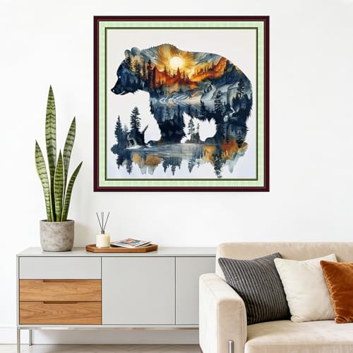 Image of Foxhool Stamped Cross Stitch Kits,11CT Printed Cross Stitch Pattern Full Embroidery Kits for Beginner Needlepoint Kits-Abstract Bear 18x18 inchs
