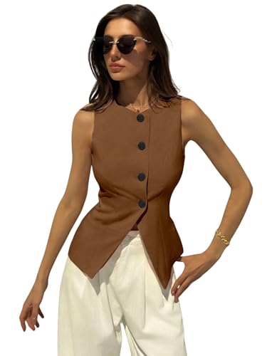 Image of Aahwan Brown Solid Modern Sleeveless Fitted Waist Slim Round Neck Blazer& Top for Women's & Girl's