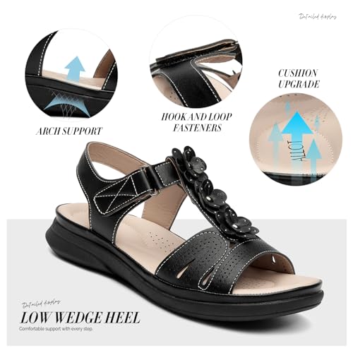 ALLOT Women's Arch Support Flat Sandals Low Wedge Heel Comfortable Dressy Summer Slides With Flowers3