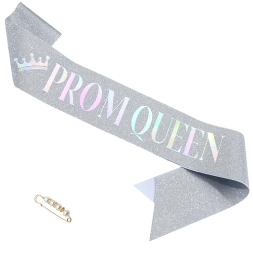 Image of Prom Sash with Pearl Safety Pin - Graduation Accessory (1pc, Queen, Silver)