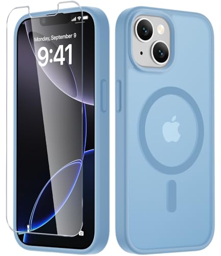 LATVIN for iPhone 14 Case & iPhone 13 Case, Magnetic Phone Cover with 1 Screen Protector, Compatible with MagSafe, Military Grade Protection, Translucent Matte Frosted Back, Light Blue