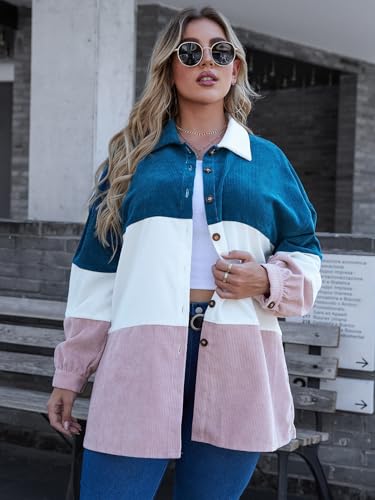 Corduroy Shirt for Women Plus Size Striped Button Down Blouse, Casual Color Block Long Shacket for Stylish Outfits3