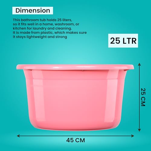 Image of Kuber Industries 2 Pcs Bath Tub 25 Ltr Plastic For Home, Washroom & Kitchen | Lightweight & Multipurpose Washing Tub - Suitable For Laundry And Cleaning | Pink