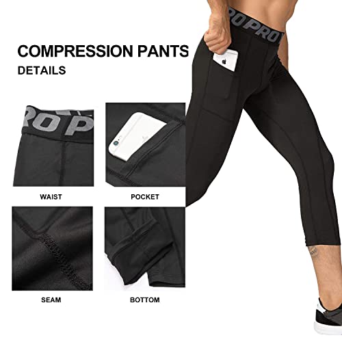 3 Pack Mens 3/4 Compression Pants Running Football Tights with Pockets Workout Active Leggings Sports Yoga Gym Baselayer4