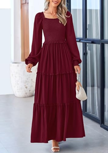 PRETTYGARDEN Fall Wedding Guest Dresses for Women 2025 Long Sleeve Square Neck Tiered A Line Modest Elegant Flowy Dresses4