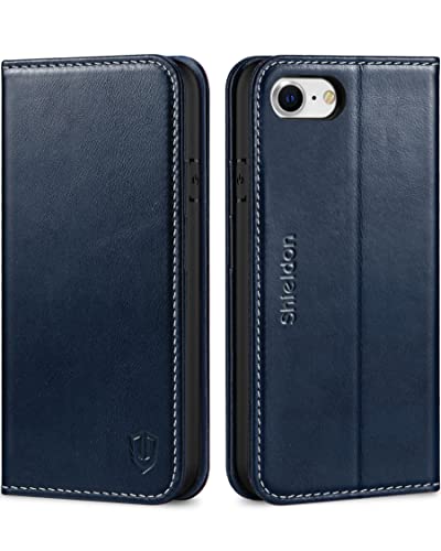 SHIELDON Wallet Case for iPhone SE 2022/2020 4.7', Genuine Leather Folio Kickstand Credit Card Holder Magnetic Protection Case Compatible with iPhone 8/7 - Retro Dark Blue