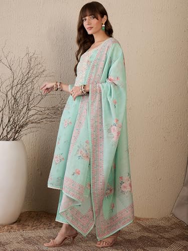 Image of INDO ERA Women's Straight Linen Floral Printed Embroidered Kurta & Pant with Dupatta Set