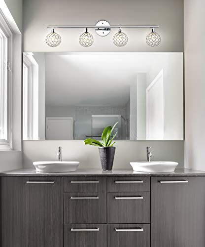 Image of JONATHAN Y 32.5 inch Chrome Maeve Modern Glam LED Vanity Light Sconce for Bathroom, Clear Crystal Globe Shade, Art Deco Wall Light for Hallway Entryway (JYL7537A)