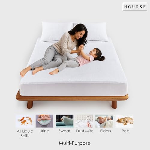 Image of HOUSSE King Size Waterproof Mattress Protector 75 * 48 inch Inches | Premium Bed Mattress Protector Cover | 100% Waterproof | Soft Breathable Fabric | Stretchable Fitted Style | Fits Up to 8 Inch | White