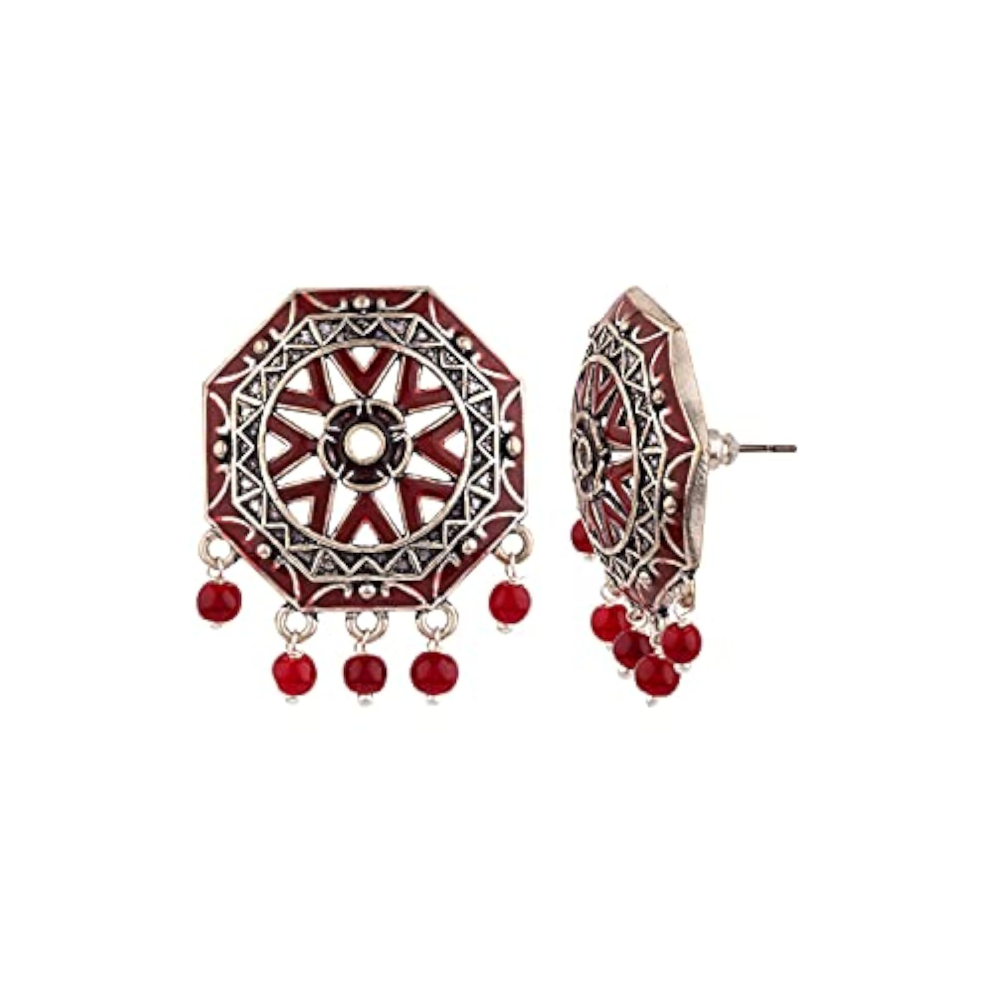 Oxidised Silver Plated Brass Rangabati Maroon Beads Disc Earrings