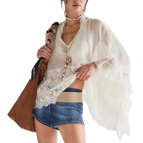 Womens Lace Poncho Top Y2k Batwing Sleeve Sheer Top Sexy See Through Chiffon Blouse Loose Ruffle Flowy Shirt
