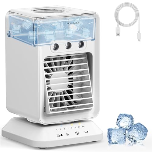 Image of HIFRESH Mini Cooler for Room w /Auto Rotate, 3 Spray Modes, Cold Air, Mini Fan w /Top Ice Chamber, 1 /2 /3 /4H Timer, USB Compatible Air Cooler for Room Cooling, 3 Speeds Small AC, Low Power Consumption