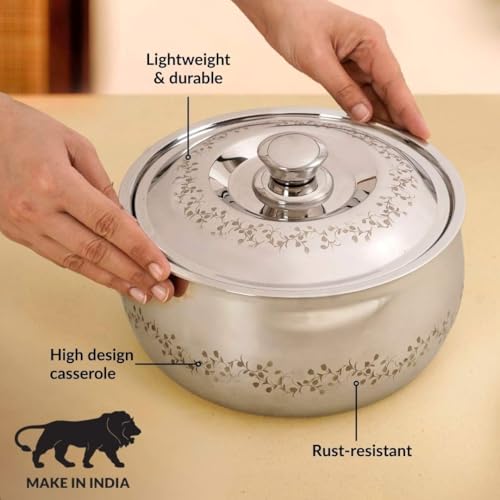 Image of Nestasia Stainless Steel Insulated Casserole with Lid (3000 ml) - 100% Food Safe Casserole for Roti Hot Case with Floral Vine Pattern - Keeps Food Hot & Cold | Rust Resistant & BPA - Free