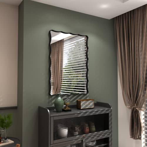 Charmor 24X36 Matte Black Mirror, Black Metal Vanity Mirror For Wall, Rectangle Bathroom Mirror With Wavy Frame, Anti-Rust(Horizontal/Vertical) #TOP3