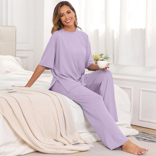 Image of PrinStory Womens Pajamas Sets 2 Piece Lounge Set Short Sleeve Tops and Long Pants Soft Pjs Loungewear with Pockets