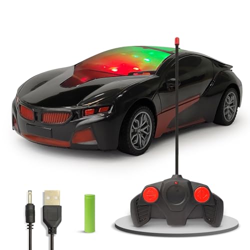 Image of 3D LED High Speed Rechargeable Remote Control Car for Kids, RC Racing Vehicle with Bright Lights, 2 AA Battery Controller (Black)