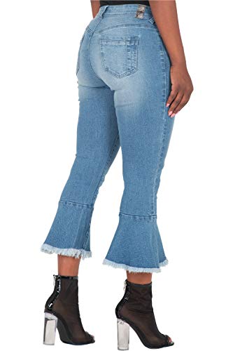 Poetic Justice Women's Curvy Fit 5-Pocket Frayed Ruffle Flare Cropped Ankle Jeans2