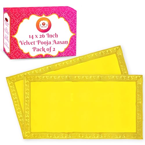 Image of Bhakti Lehar (14 x 26 Inch) Plain Yellow Velvet Pooja Aasan for God Idol /Chowki Aasan Kapda Cloth for Temple Shelf Home Mandir, Ganesh Baithak and God Idol Sitting - Pack of 2
