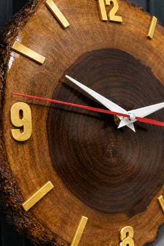 Image of Wall Clock | Handcrafted Sheesham Wooden Wall Clock with Silent Sweep Quartz Movement - Solid Wood Wall Clock for Living Room, Office & Home Decor (Rustic Design) (Golden)