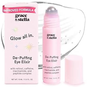 grace & stella Under Eye Brightener Roller – Airplane Travel Essentials – Travel Size Toiletries – Retinol & Caffeine Eye Serum for Puffiness, Dark Circles, Wrinkles – Vegan Skincare (15ml / 0.51floz)