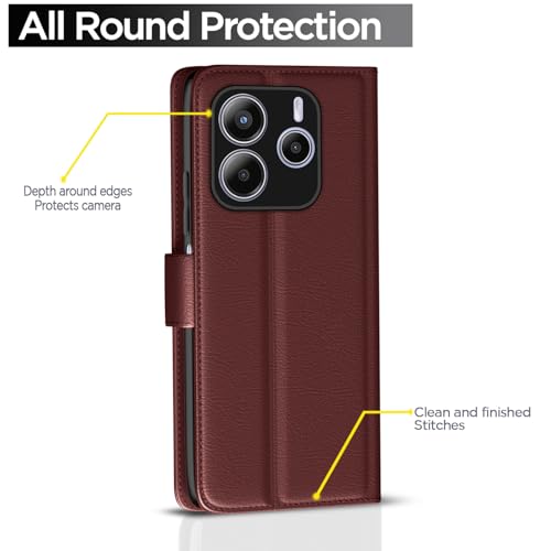 Image of Pikkme Flip Cover Leather Finish | Inside TPU with Card Pockets | Wallet Stand and Shock Proof | Complete Protection Button Flip Case for Redmi Note 14 5G (Brown)