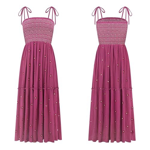 Image of R.Vivimos Womens Summer Cotton Boho Midi Dress 2026 Spaghetti Strap Floral Embroidered Smocked Tiered Flowy Long Dresses