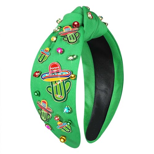 mokkia Mexican Headbands Cinco De Mayo Headband for Women Green Cactus Knotted Headband White Pink Rhinestone Crystal Jeweled Wide Top Knot Hairband Mexican Hair Accessories Gifts (Green Cactus A)
