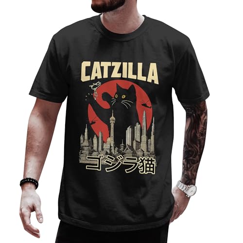 Anime Catzilla Shirt Mens Kawaii Japanese Cat Tshirt Womens Cat Anime Graphic Tee for Men Catzilla Shirts for Women - Men Cats Japanese Xmas Outfit (Black-L)