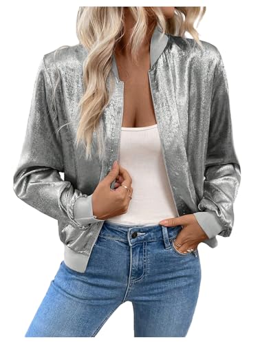 SHENHE Women's Metallic Bomber Jacket Lightweight Zip Up Long Sleeve Fashion Jacket Outwear Silver Small