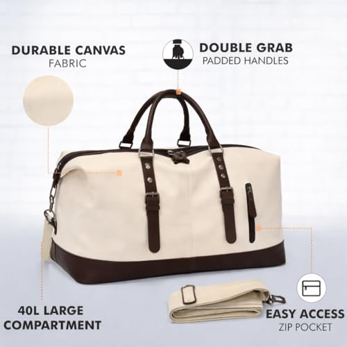 Image of CAVALO - Be Unique Vintage Canvas Travel Duffel Bag for Men & Women, 40L Large Capacity Weekender Bag with Detachable Shoulder Strap, Leather Handles, for Travel, Gym & Business Trips (White)