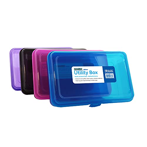 BAZIC Plastic Pencil Case Utility Storage Box, Assorted Color, Multi Purpose Organizer for Pens Pencils Student Kids School Supplies, 4-Pack