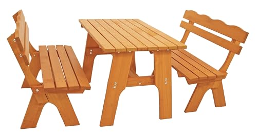 DEGAMO Gartengarnitur Freital 3-teilig 120cm, 2X Bank 120cm und 1x Tisch 72x120cm, Kiefer hell lackiert, Outdoor