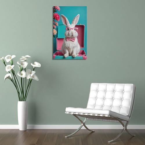 Tableau lapin bleu et rose décoration murale moderne chambre 60x90 - 5