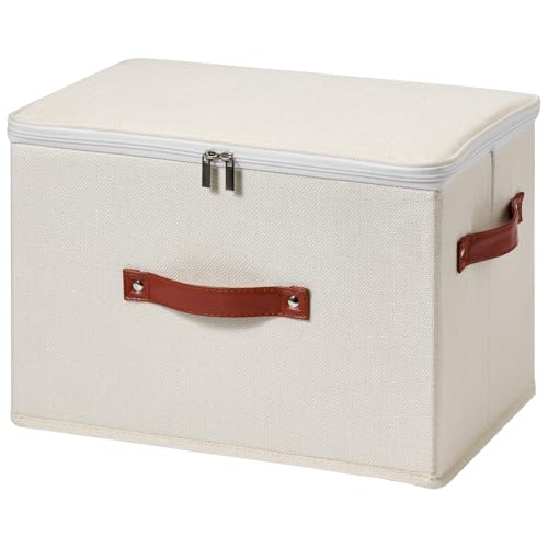 Image of Storage Bin Box with Zippered Lid Cotton Linen Fabric Decorative Basket with PU Leather Handles PP Plastic Board Foldable Lidded Clothing Shelf Closet Organizer Container (Beige, Large)