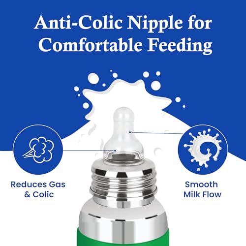 Image of MamaLaps Baby Feeding Bottle Stainless Steel with Advanced Anti Colic System, Bpa Free, Made with Ss304 Food Grade, Heat Protective Silicone Cover for Babies Tiny Hands (Blue), 250 Milliliters