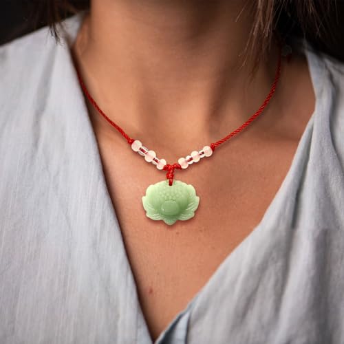 Lotus Pendant Necklace Jade Lucky Charm with Red Cord for Men Women, Fashion Natural Green Amulet Jewelry Gifts 24 Inch Rope4