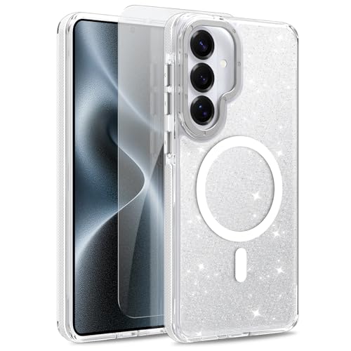 Image of Magnetic Case for Samsung Galaxy S26 Plus [Compatible with Magsafe] [Bling Glitter Fluorescent Design] [1 Screen Protector] Slim Translucent Matte Case for Galaxy S26 Plus 6.7 inch, White