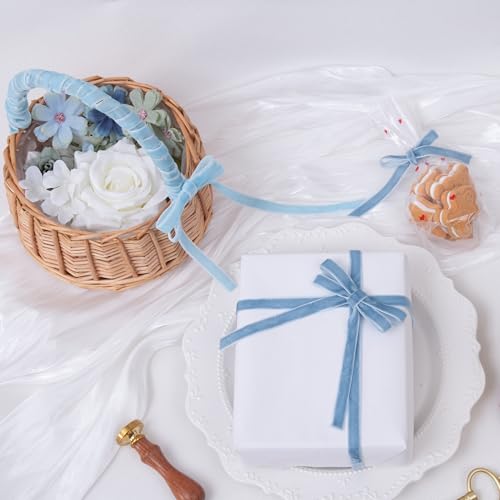 Image of QIANF Vintage Sky Blue Velvet Ribbon Christmas Ribbon for Gift Wrapping Crafts Christmas Tree Ornaments Garland Decorations, 3 /8 Inch X 25Yd
