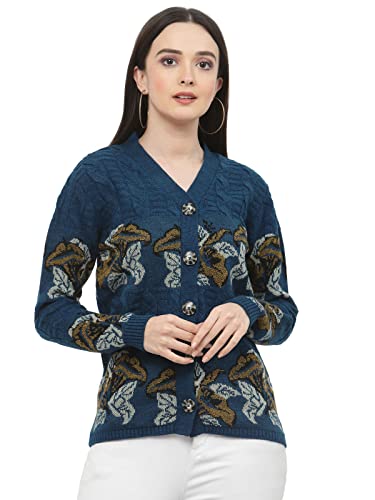 Image of Kalt Women Sweater for Winter Woolen Acrylic Full Sleeves V Neck Floral Design Cardigan Sweater for Women