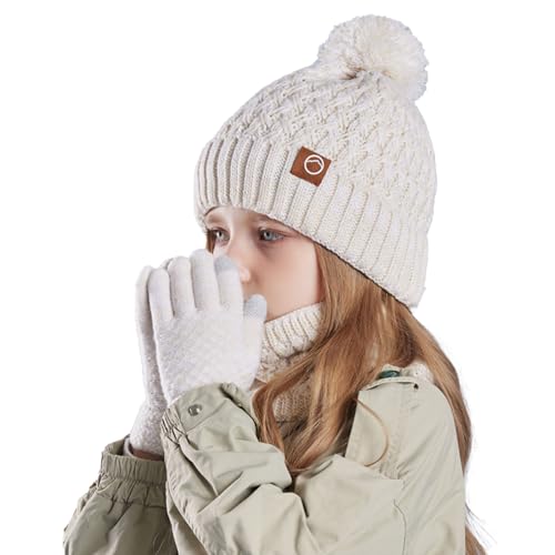 Kinder-Wintermütze, Schal und Handschuhe, warme Thermo-Strickmütze, Halswärmer, Touchscreen-Handschuh mit weichem Fleecefutter, für Mädchen und Jungen, Alter 4–10 Jahre, beige, Einheitsgröße
