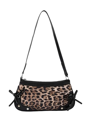 Image of QWINEE Women's Leopard Print Purse Y2k Cheetah Shoulder Bag Bow Studded Clutch Zipper Adjustable Strap Underarm Bag