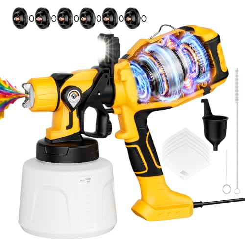 Paint Sprayer for House Painting, Paint Sprayer with 1000W Powerful Copper Motor, 47oz (1400ml) Container, 6 Brass Nozzles & LED Light, Easy to Clean for House, Fence, Furniture, Walls, DIY, Garden