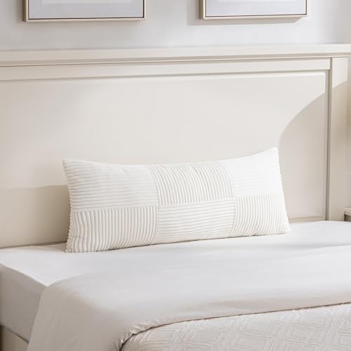 Image of Fancy Homi Set of 2 Cream White Boho Long Lumbar Body Decorative Throw Pillow Cover 14x36 Inch for Bed Couch Bedroom Bench, Soft Patchwork Corduroy Textured Pillow Case, Rustic Farmhouse Room Decor
