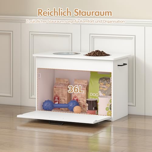 Hundenapf Erhöht Große Hunde, Weißer Futterschrank mit 2 Edelstahlnäpfen, Futterstation Hund mit Stauraum und 3 Griffen, Erhöhter Futternapf Hund, Hundebar Mittelgroße Hunde, 60x30x41cm