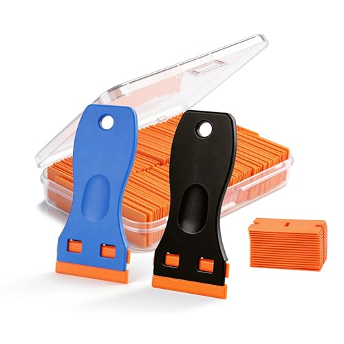 Karebeen 2 Pcs Razor Blade Scraper Tool with 100 Pcs Blades Plastic Window Glass Scraper Adhesive Remover for Stickers Decals Labels Glass car or Windows Non Scratch Cleaning Tool