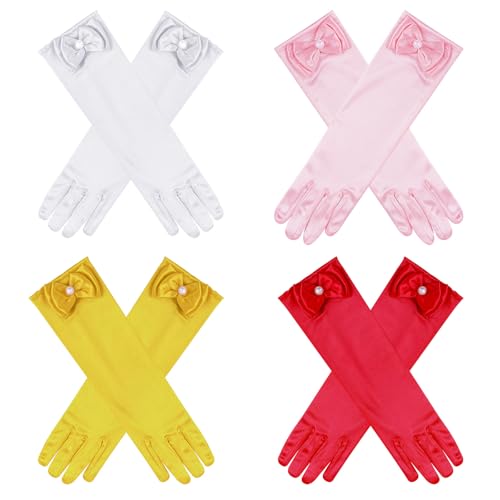 Yolyoo 4 Pairs Satin Princess Gloves Pearl Long Stain Gloves for Wedding Birthday First Communion Theme Party and Banquet