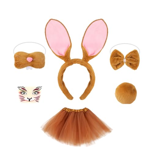 Qiantull Hasenohren Haarreif Schwanz Plüsch Hase Ohren Stirnband Hasennase Hasen Fliege Outfit Kaninchen Kostüm Accessoire für Ostern Halloween Karneval Cosplay Party Braun-E 6-teiliges Set