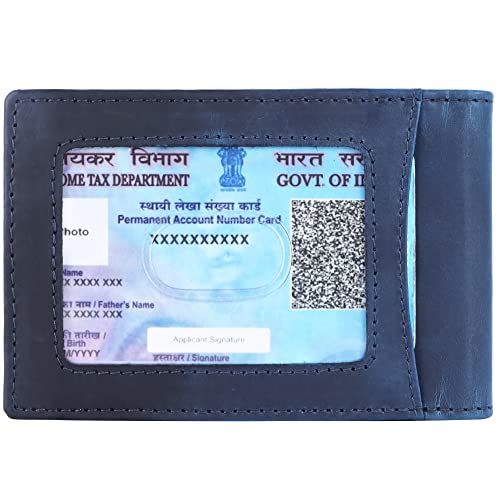 Image of Brooklyn Bridge Genuine Leather Money Clip Wallet for Men Crazy Horse Blue - Premium Slim RFID Protected Wallet with Cash Clip & Multiple Card Slots, Stylish Front Pocket Design, Gift for Men